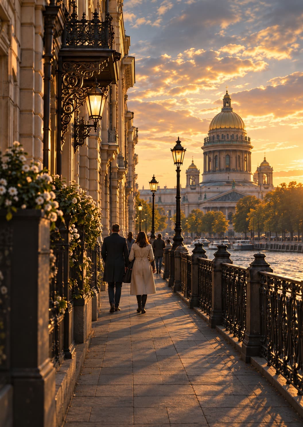 Петербург на закате: старинные фасады, фонари и купол Исаакиевского собора